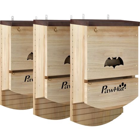 PawHut Bat Boxes, Pack of 3 Wooden Bat Houses for Outdoor, Natural (1/5)