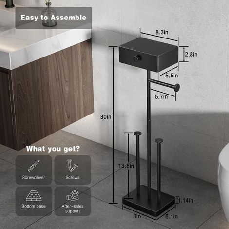 Freestanding Toilet Roll Holder, Rustproof Multifunctional Toilet Paper Stand with Drawer Storage, No-Drill Heavy Duty Wipes & Tissue Holder (Holds Up to 7 Rolls) (1/5)