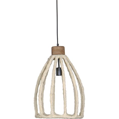 lampe suspension blanche en papier mâché et métal design artisanal - blanc naturel et bois clair (1/3)