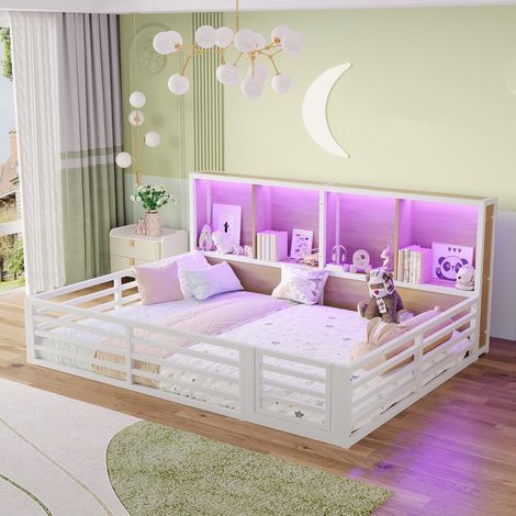 Lit clôture 140x200 cm côté avec Compartiment de Rangement Lits de Jour avec éclairage LED Bed au Sol Balustrade métallique Beds Simple pour Adultes Adolescents d’invités sans Matelas Blanc