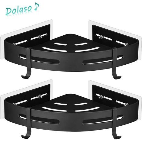 Set of 2 drill-free corner shower shelves. Rust-resistant metal. Easy installation with adhesive backing. 4 hooks included.