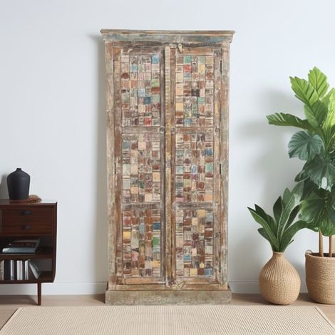 Armoire en bois recyclé coloré blanchi 85cm LILA - 85x45x180 cm - Kayu Meuble (1/2)
