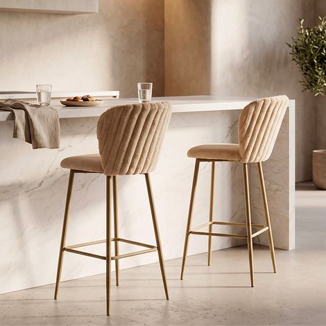 Lote de 2 sillas de bar de 77 cm «North», de terciopelo acanalado, color crema (1/5)