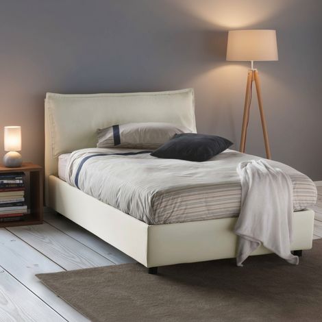 Dmora - Cama de plaza y media Daalt, Cama contenedor con revestimiento de tela, 100% Made in Italy, Apertura frontal, con colchón 120x200 cm incluido, Beige (1/5)