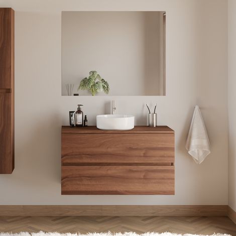 Meuble de salle de bain 90cm avec plateau et vasque à poser ronde - 2 tiroirs - noyer (bois foncé) - IDA (1/5)