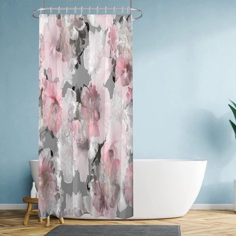 Cortina de ducha de 91 x 182 cm (36" x 72") con estampado floral en gris rosado, impermeable, con ganchos y compatible con barras de ducha estándar.