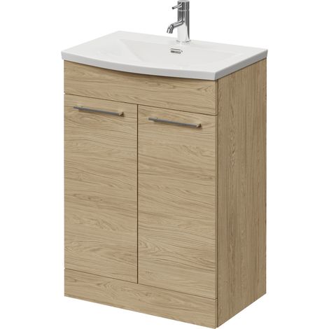 Napoli 390 Light Oak 600mm 2 Door Vanity Unit with Arc Basin - 600mm - Chrome 160mm Handle
