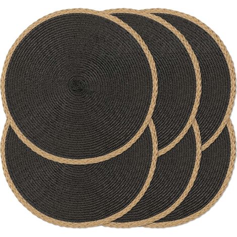 Lot de 6 sets de table ronds tressés de 38,1 cm, antidérapants, lavables à bords fins pour décoration de table de cuisine, salle à manger (noir, 6)'Parent'Bord Fin Marron, Noir'6 pcs (1/5)