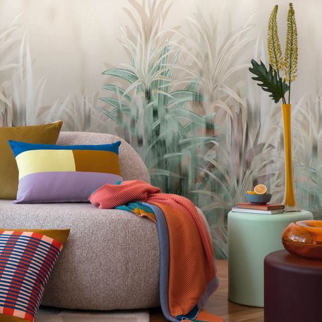 Fototapete Profhome 791459 heißgeprägte Vliestapete leicht strukturiert mit Palmen matt beige creme-weiß grün seiden-grau 1,59 m x 2,8 m