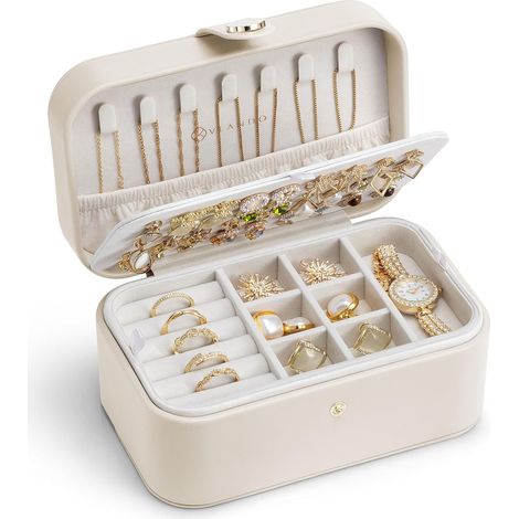 Boite a Bijoux Voyage, Rangement Bijoux,Rangement Maison pour Bijoux Double couche Petite Boite avec du Style, Idée Cadeau Femmes et Filles, pour bagues boucles d'oreilles, colliers, Beige (1/5)