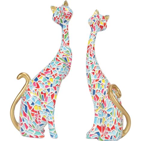 2 Pcs Statues Chat Résine Couple Abstrait Figurines Félin Sculpture Décoration Bureau Chambre Salon KY145 (1/5)