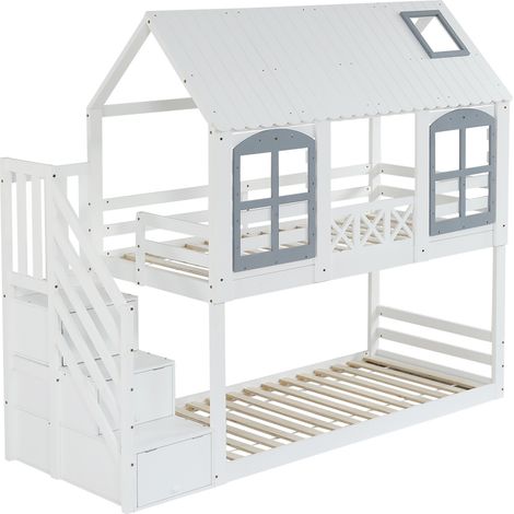 Litera infantil 90x200 cm con techo, ventana y escalera con almacenaje, blanco y gris (1/5)