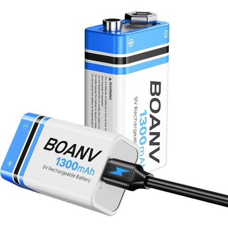 2PCS Piles 9V Rechargeables 1300mAh, 9V Rechargeable USB Lithium à Longue Duréé Batterie, avec câble de Charge 2 en 1, pour détecteurs de fumée, alarmes, Clavier, Microphone (1/5)