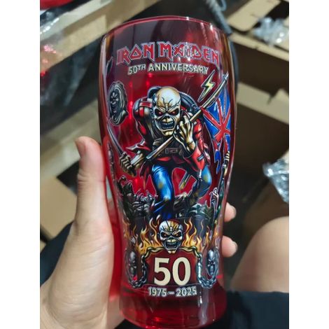 Verre à bière Iron Maiden (TransparenT) spécial 50e anniversaire, inspiré du groupe de heavy metal rock. Objet de collection idéal pour les bars, les fêtes à la maison et les soirées. (1/5)