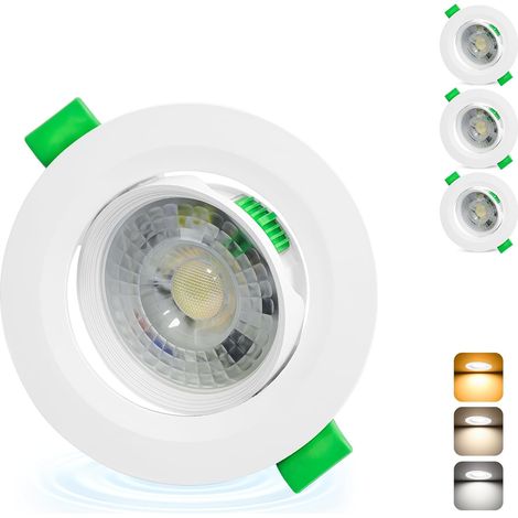 Spot LED Encastrable Orientable 230V, 5W 500LM Spots de Plafond Extra Plat Blanc Chaud Blanc Neutre Blanc Froid Réglable, IP44 Spot Salle de Bain, Trou Ø68-80mm, Blanc Lot de 3