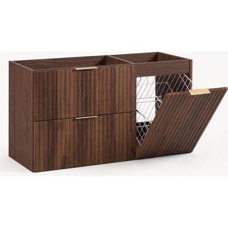 Furnidea - Meuble sous vasque suspendu FLOW 120 cm noyer foncé avec panier à linge (1/5)