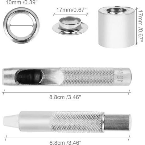 NALOOKAMIC  100pcs Kit de Grommets Eyelets Outils, 10mm Oeillets pour Baches, Trousse à Oeillets, Grommet Kit avec 3 Pièces Outil, Oeillets pour Bâche, Chaussures, Vêtements, Tentes