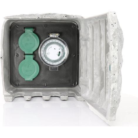 Presa di corrente da esterno BOLD effetto pietra con distributore a 2 vie + timer (IP44 impermeabile, materiale rinforzato, fino a 3680 watt, cavo da 3 m, montaggio tramite picchetto e/o viti) (1/4)