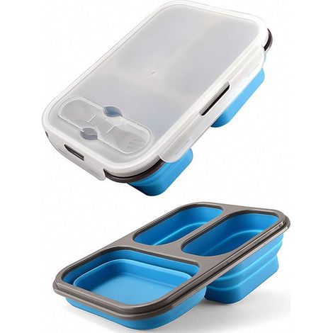 Boîte à lunch pliable en silicone, sûre et sans BPA (trois compartiments-1100ml-bleu)