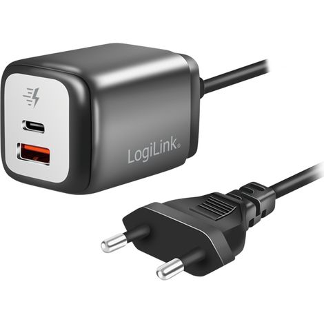 LogiLink GaN-Netzteil 30W, 1x USB-C, 1x USB-A, mit festem Kabel, Schnellladefunktion (1/5)