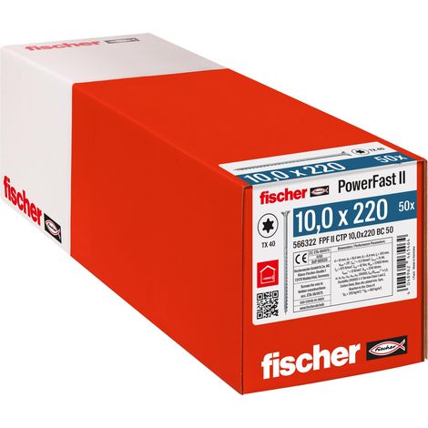 Fischer Viti per Legno e Costruzioni PowerFast FPF II CTP 10,0x220, Filettatura Parziale, Testa Svasata Piana, Impronta Torx, Zincata Bianca, 50 Pz, 566322 (1/5)