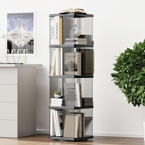 Étagère d'angle rotative, petite et largeur étroite pour petit espace, affichage 360°, 4 niveaux, plastique rectangulaire (noir transparent) (1/5)