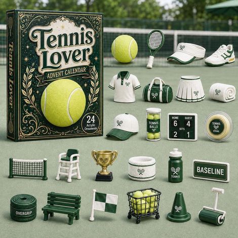 Tennis-Adventskalender 2026 – 24-teilig – gelb, grün, weiß – Acryl – 6 cm Mini-Hängeanhänger – Weihnachtliches Tennis-Design – Christbaumschmuck – geeignet für Tennisfans, Weihnachtsfeiern und als Dek (1/5)