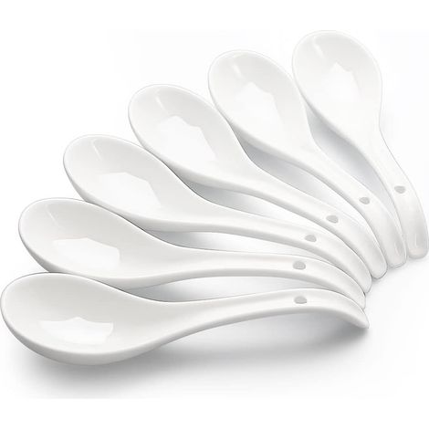 Cuillères à soupe asiatiques, cuillères à soupe ramen en céramique de 17 cm, cuillères à soupe chinoises, grande cuillère japonaise blanche brillante pour ramen, pho et céréales