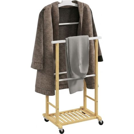 Valet de chambre en bambou à roulettes, avec cintre supérieur, barres pour pantalons et étagère à chaussures inférieure, naturel et blanc (1/5)