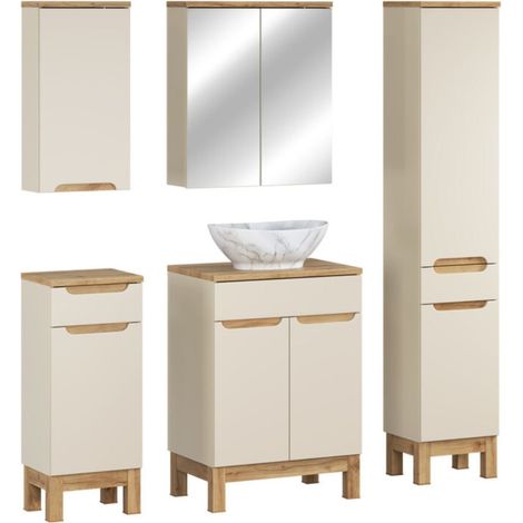 Conjunto ERMANO cachemira 130cm: mueble bajo lavabo + lavabo sobre encimera + almacenamientos suspendidos y para colocar + espejos