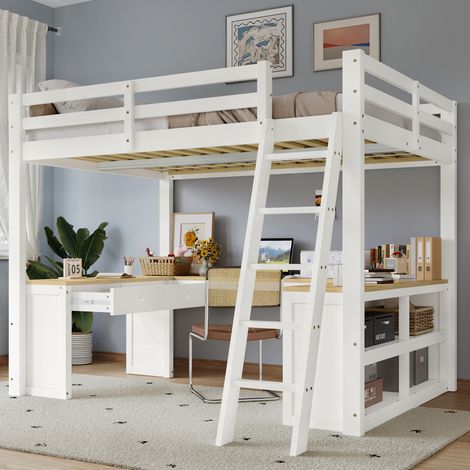 Lit mezzanine enfant 140x200 cm en bois massif et MDF, blanc+naturel, avec bureau en U et 2 tiroirs (1/5)