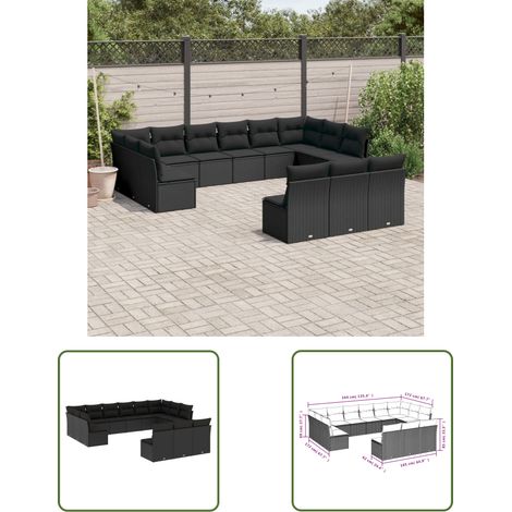 The Living Store 13-tlg. Garten-Sofagarnitur mit Kissen Schwarz Poly Rattan - Gartensofas - Outdoor Möbel - Lounge Set - Rattan Sofa - Gartenlounge (1/3)