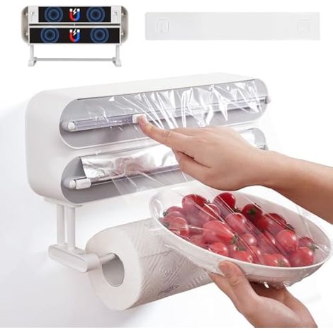 Organisateur de papier aluminium et de film alimentaire, porte-rouleau de cuisine, fixation murale, avec film transparent (1/4)