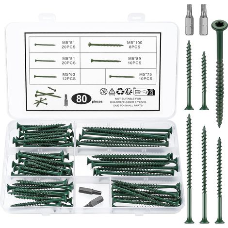 80 pcs vis bois M5 Torx tête fraisée, autotaraudeuses + 2 embouts (1/5)