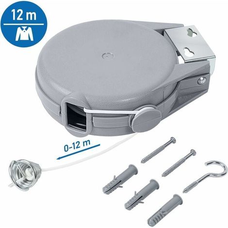Corde à linge rétractable de 12 m, corde à linge très solide et durable, mécanisme rétractable automatique, facile à installer au mur, étendoir de jardin (1/2)