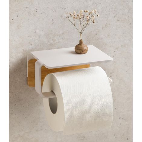 Porte Papier Toilette sans perçage Métal avec Bambou véritable Support Papier Toilette Mural avec étagère Dérouleur WC adhésif Porte-Rouleau pour Salle de Bain Blanc, Bambou (1/5)