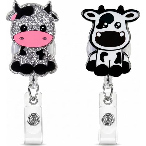 2pcs Porte Badge Enrouleur Acrylique Vache Mignonne, Porte Badge Infirmiere Retractable avec Clip Ceinture, 65cm Cordon Nylon, pour Médecin, Étudiant, Employé de Bureau (Noir et Blanc/Vache) (1/5)
