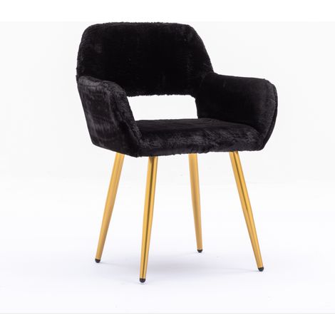 Silla de comedor de pelo sintético negro con patas de acero dorado y reposabrazos (1/4)