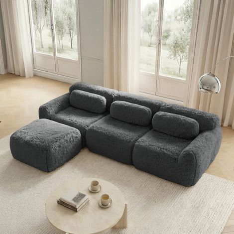 Sofá modular en L gris de felpa sin estructura con cojines y base antideslizante (1/5)