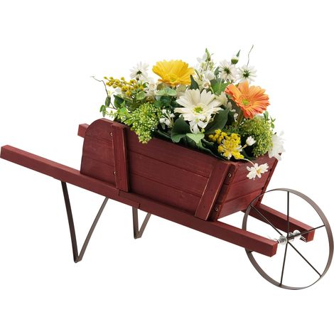COSTWAY Wooden Wagon Planter Indoor Wheelbarrow Wagon Flower Planter Stand-Red (1/5)