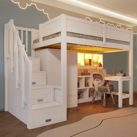 Cama altillo infantil de 90x200 cm con escritorio y estante de almacenamiento, armario, 1 cajón, escalera de almacenamiento e iluminación LED, sin colchón, blanco (1/5)
