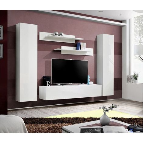 Ensemble meuble TV mural  - Fly I - 260 cm x 190 cm x 40 cm - Blanc - Livraison gratuite