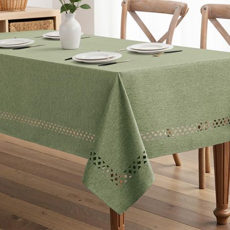 Nappe aspect lin vert rectangulaire 140x240cm ourlet creux hydrofuge