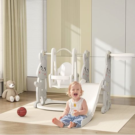 Toboggan et balançoire 4 en 1 pour enfants en plastique gris avec échelle et panier OKWISH (1/5)