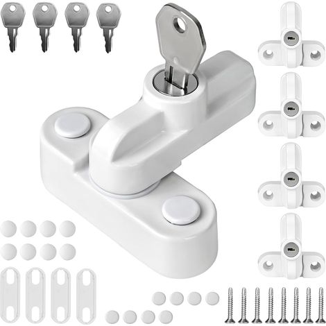 Lot de 4 verrous de fenêtre anti-effraction en forme de T - Verrou pivotant avec 8 clés - En alliage d'aluminium - Blanc - Pour porte et fenêtre en PVC (1/5)
