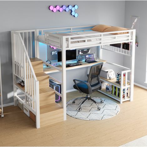 Cama alta 90x200 cm blanca de metal y MDF con escritorio, LED y almacenaje (1/5)