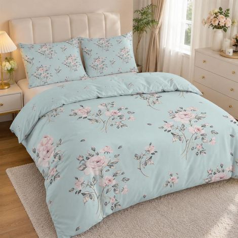 Ensemble de literie 140x200 cm Vert Fleuri Microfibre avec 2 taies d'oreiller 80x80 cm