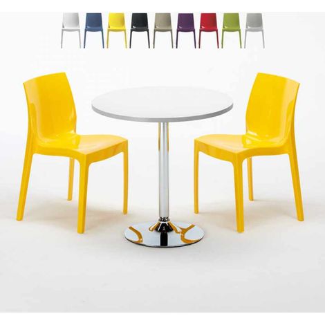 Table Ronde Blanche 70x70cm Avec 2 Chaises Colorées Grand Soleil Set Intérieur Bar Café Ice Long Island - Jaune (1/5)