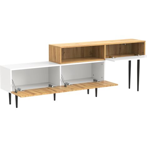 Meuble TV modulaire 2 pièces, longueur ajustable, finition bois et blanc mat avec pieds métal noirs (1/5)