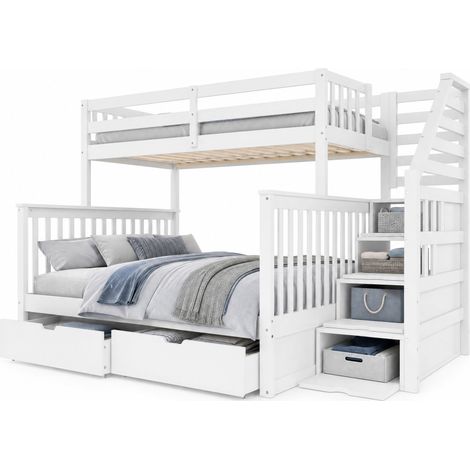 Letto a castello 90 x 200 sopra 140 x 200 con cassetti contenitore, scala laterale, sponde di sicurezza, senza materasso, bianco, per cameretta - CHICFURN (1/5)